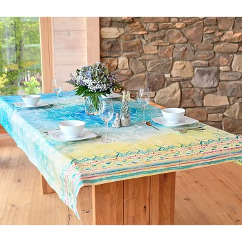 BLUE FEEL ubrus ze 100% biobavlny s růženíny - 198 x 130 cm - modrá
