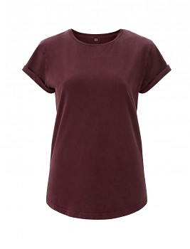 Dámské tričko s krátkým zahnutým rukávem ze 100% biobavlny - fialová stone wash burgundy