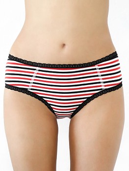 HIP dámské kalhotky (hipster) s krajkou z biobavlny - pruhované (červená, černá, bílá)