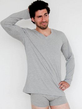 Albero pánské tričko s dlouhými rukávy a výstřihem do V ze 100% biobavlny - šedá