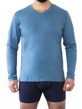 Albero pánské tričko s dlouhými rukávy a výstřihem do V ze 100% biobavlny - modrá denim