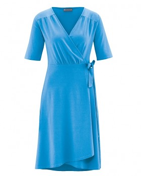 BOWIE Dámské zavinovací šaty s krátkými rukávy z biobavlny a konopí - modrá topaz