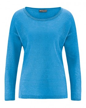SARA dámské triko s dlouhým rukávem ze 100% konopí - modrá topaz